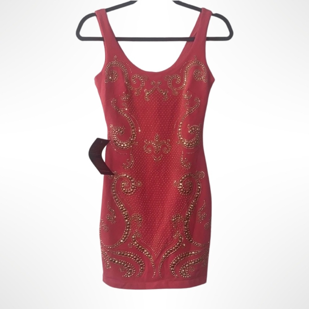 Bebe pink dress with gold beading